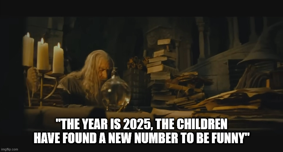 The image depicts Gandalf the Grey digging though piles of archived documents reseaching something. The test at the bottom is phrase in quotes to signify that he is reading the words off of a page. The words are "The year is 2025, the children have found a new number to be funny"