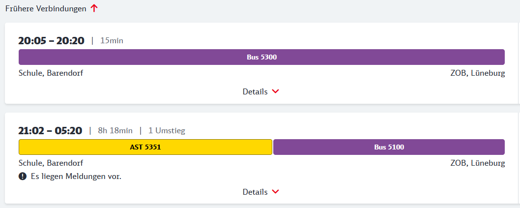 Bahn.de interface, 2 Busfahrten werden angezeigt. Fahrt 1 Direktverbindung von 15 Minuten Dauer, Fahrt 2 1 Stunde später mit einem Umstieg benötigt 8 Stunden 18 Minuten