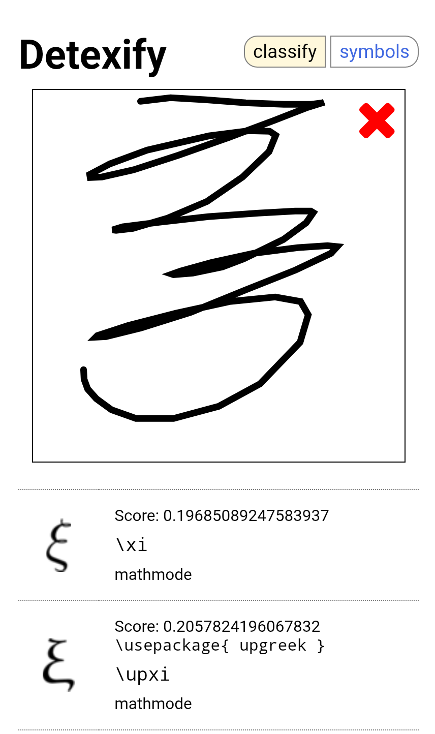 Ein hässlicher, mit Hand "geschriebener" Wirbelsturm in einem Symbolerkennungsprogramm. Er wurde als griechischer Buchstabe Xi erkannt.
