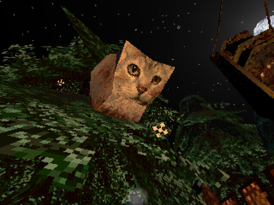 A screenshot of Midnight Creak showing a 3d model of my cat Kichi sitting on a tree.