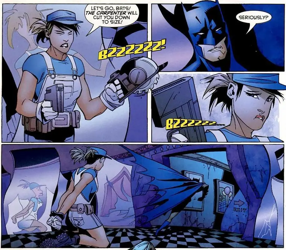 Å new minor crook confronts Batman with plans to be dispatched by him. She's obviously just borrowed tools from work. He is unamused. 