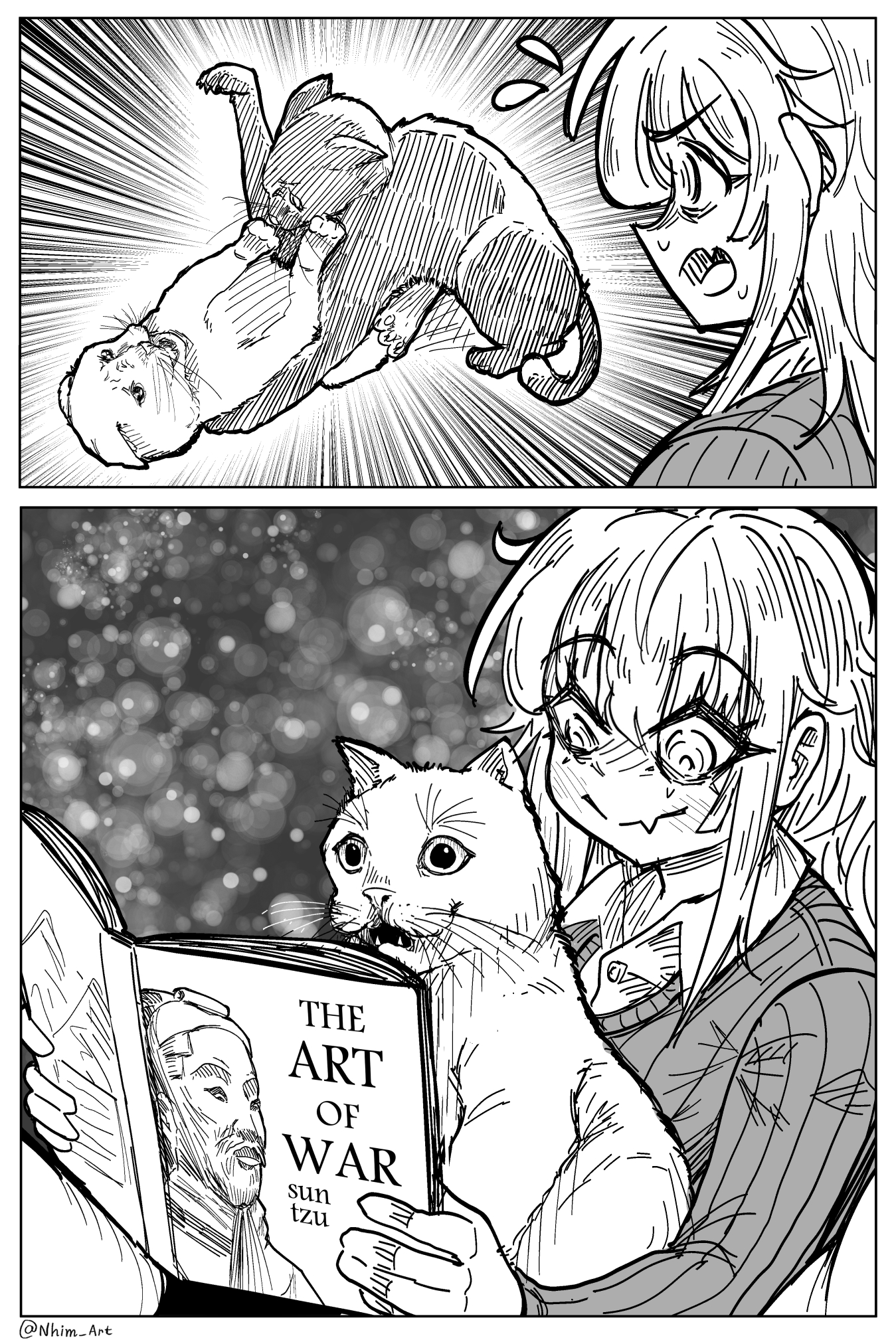 Mimi sees a cat losing a fight, so she reads Sun Tzu's The Art of War with it. The cat is showing an amazed expression.