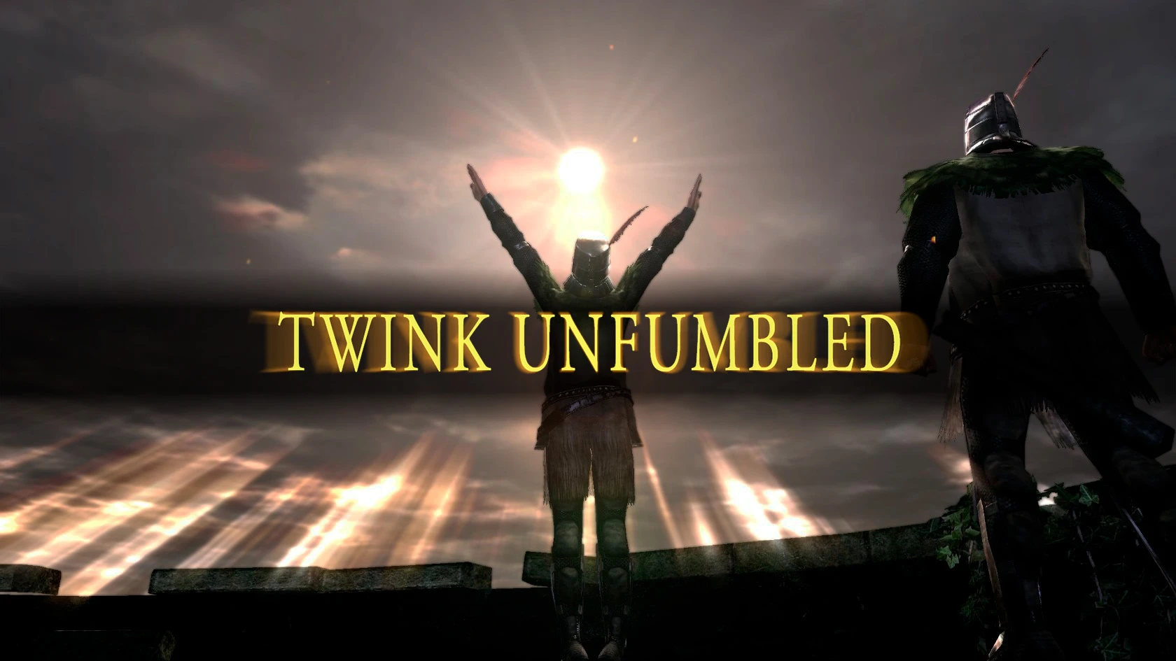 solaire from dark souls with the words "twink unfumbled" overlaid on top