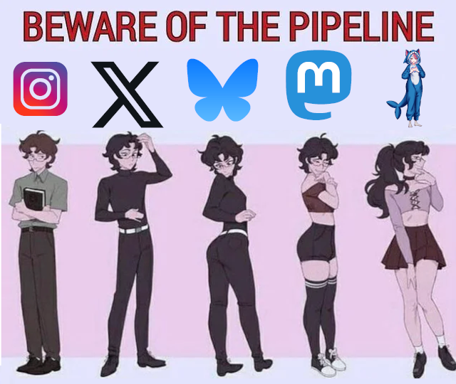 The “beware of the pipeline” meme template with social media logos replacing the he/him to she/her that was part of the original. The logos displayed left to right are of Instagram, Twitter, Bluesky, Mastodon and Sharkey.