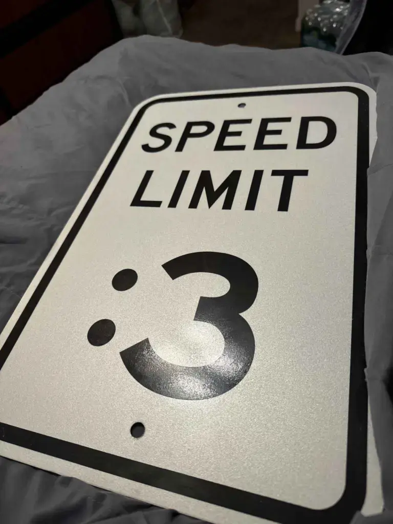 A picture of a sign with the text "SPEED LIMIT :3."