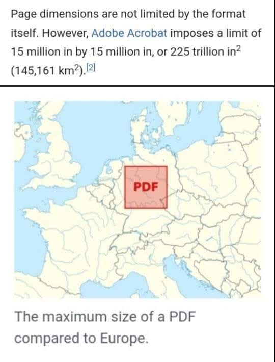 Page dimensions are not limited by the format itself. However, Adobe Acrobat imposes a limit 15 million inches by 15 million inches, or 225 trillion square inches (145161 square kilometers)

(Map of Europe with a square with letters "PDF" overlaid on top of Germany)

The maximum size of a PDF compared to Europe