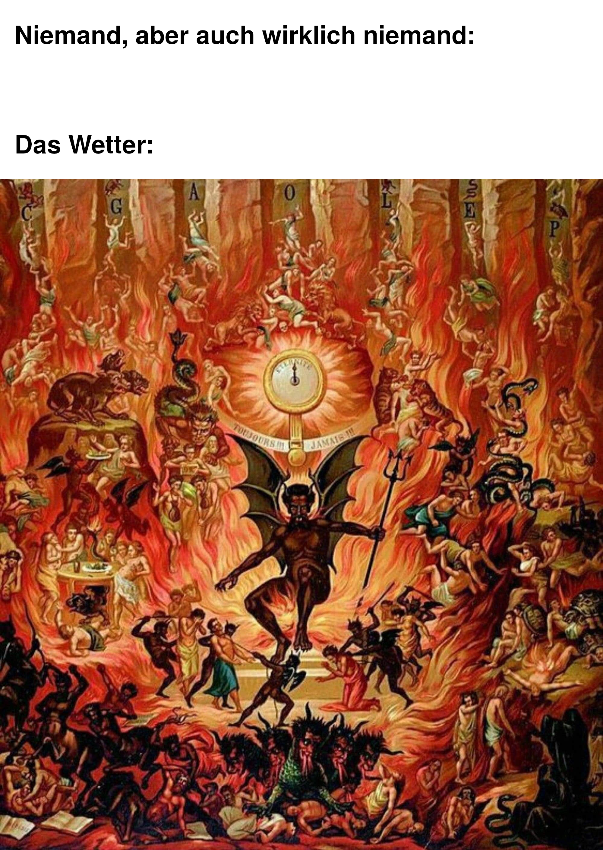 Niemand, aber auch wirklich niemand: Das Wetter: <Die Hölle mit leibhaftigem Teufel und gequälten Seelen>