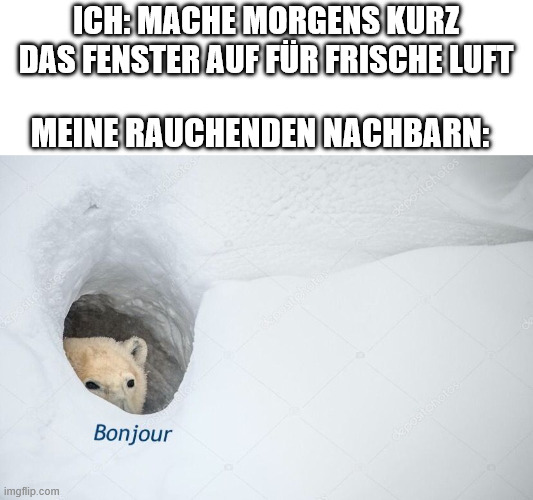 Ich: Mache morgens kurz das Fenster auf für frische Luft.
Meine rauchenden Nachbarn: Bonjour